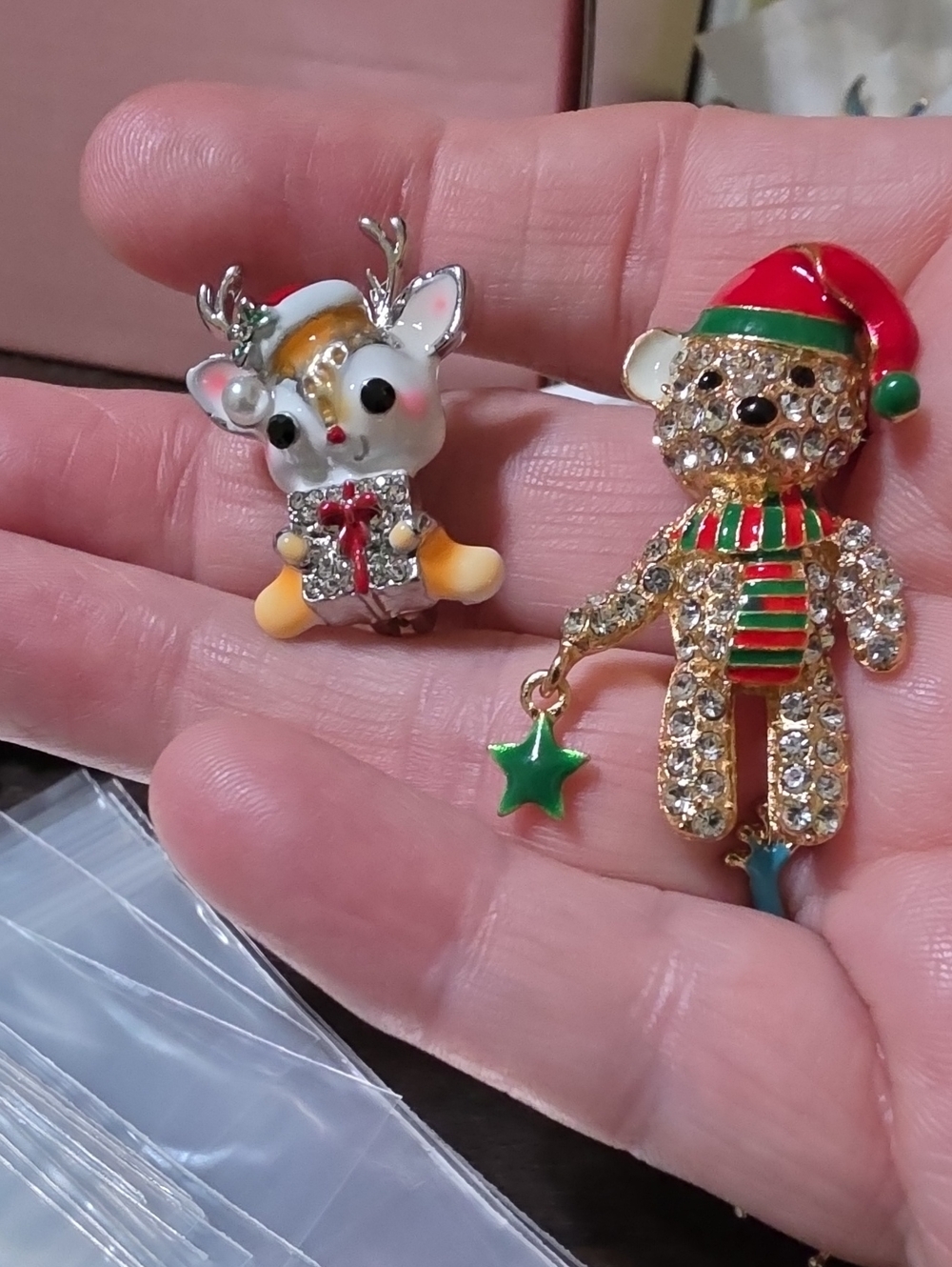 A134- Holiday Reindeer and Bear Brooch Set - White, Gold, Red, Green